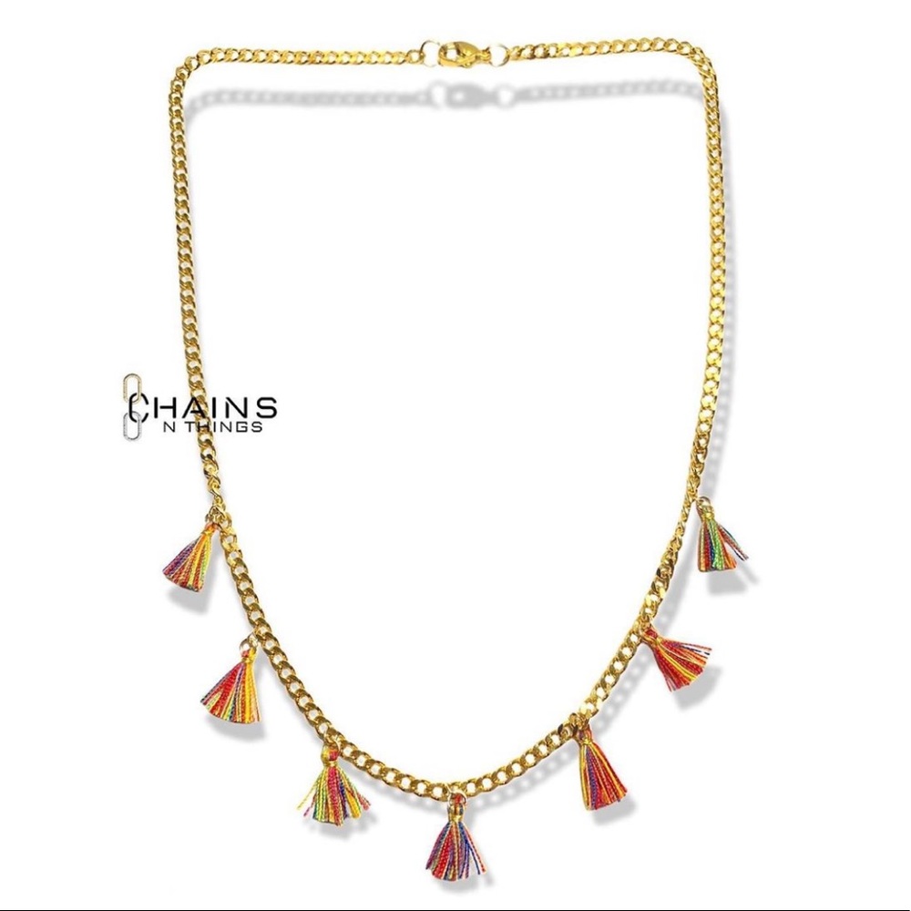Rainbow Tassel Necklace Stainless Steel 16" cuban chain summer boho style summer